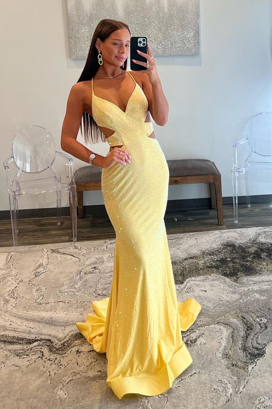 Mermaid Sparkly Satin V Neck Yellow Satin Long Prom Dresses