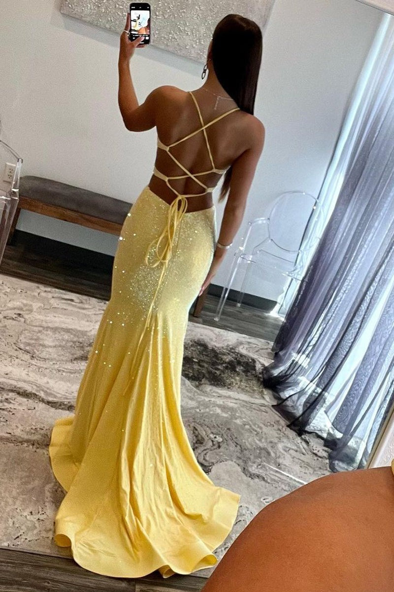 Mermaid Sparkly Satin V Neck Yellow Satin Long Prom Dresses