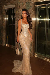 Sequins Glowing Champagne Square Mermaid Straps Prom Dresses Sleeveless With Beads