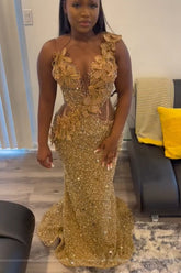 Gold Flowers Sequin Column Floor length Sparkle Sleeveless Prom Dresses