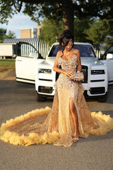 Gold Sweetheart Mermaid Beaded Sparkles Court Train Flowers Prom Dresses