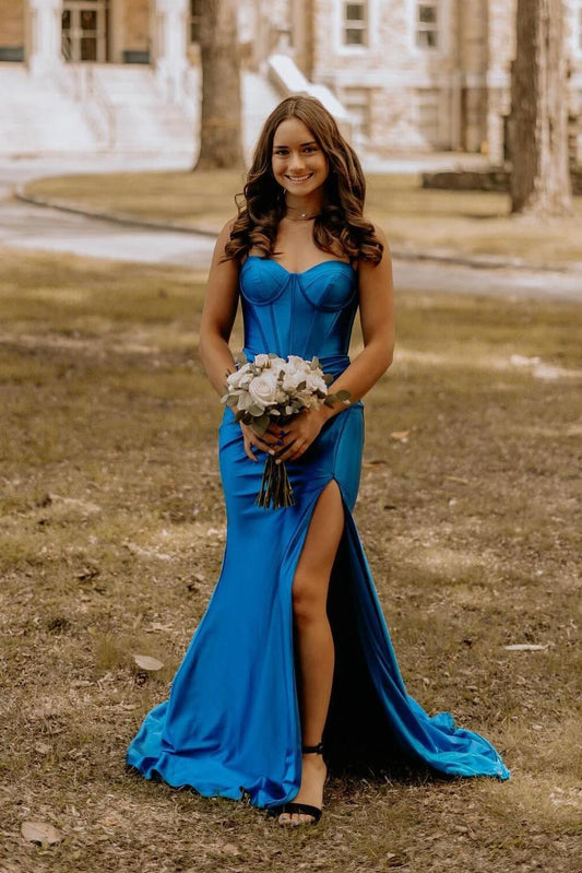 Mermaid Sweetheart Royal Blue Satin Slit Prom Dresses