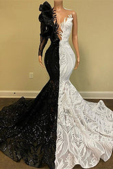 White Hot Half Black Half One shoulder Long Sleeves Mermaid Prom Dresses
