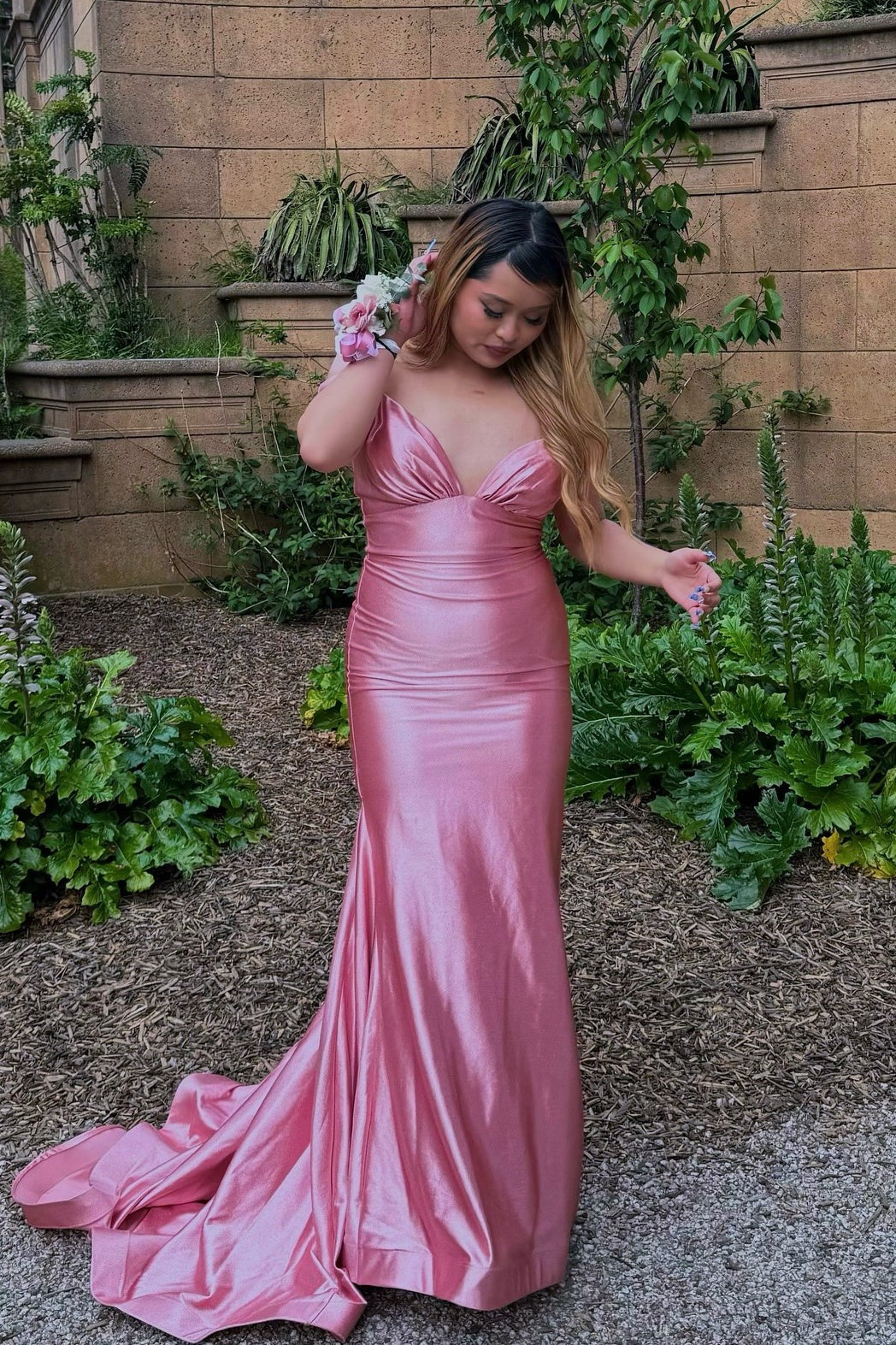 Pink V-Neck Elastic Satin Long Mermaid Prom Dresses