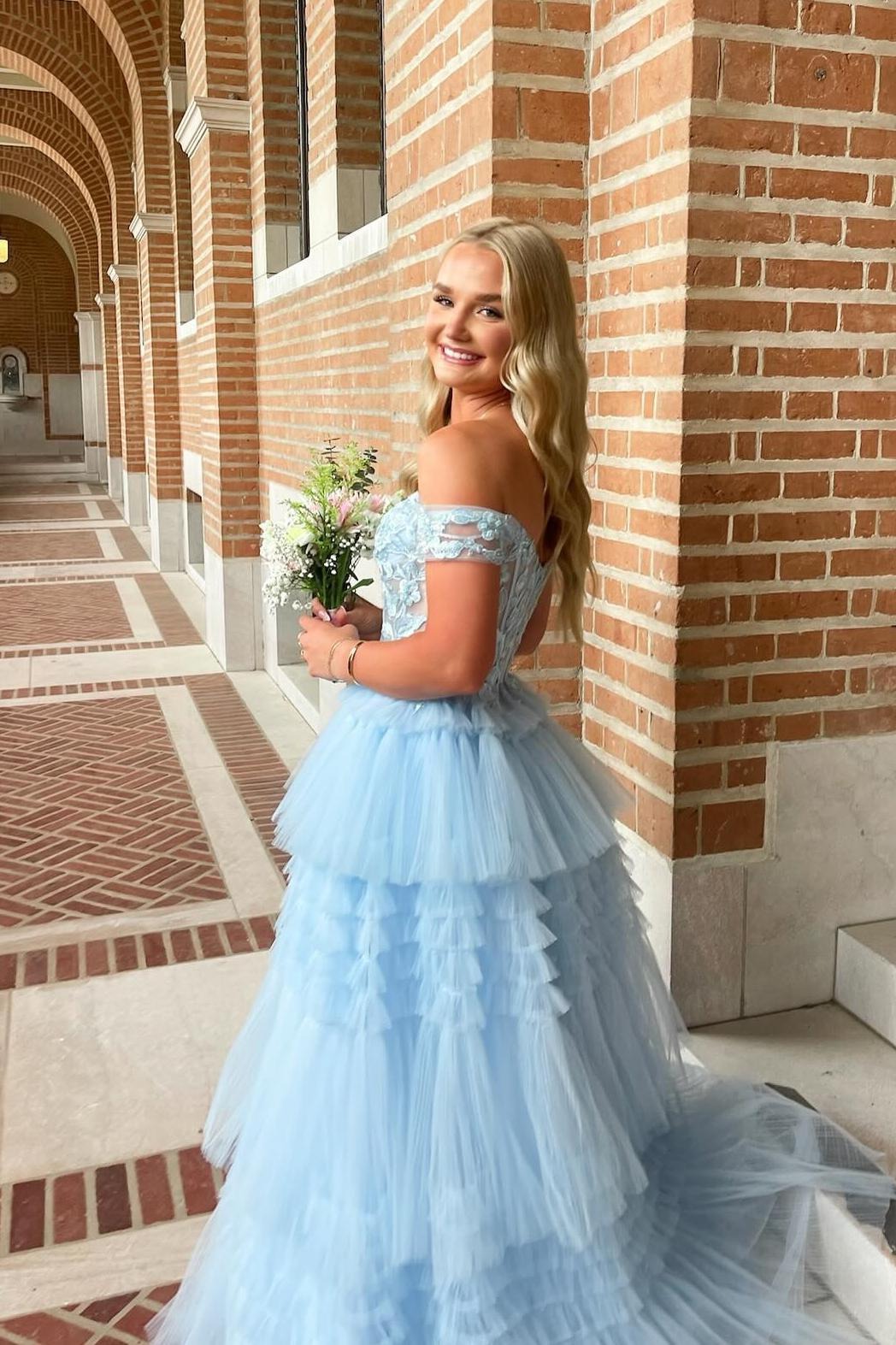 Off the Shoulder Light Blue Tiered Tulle Prom Dresses