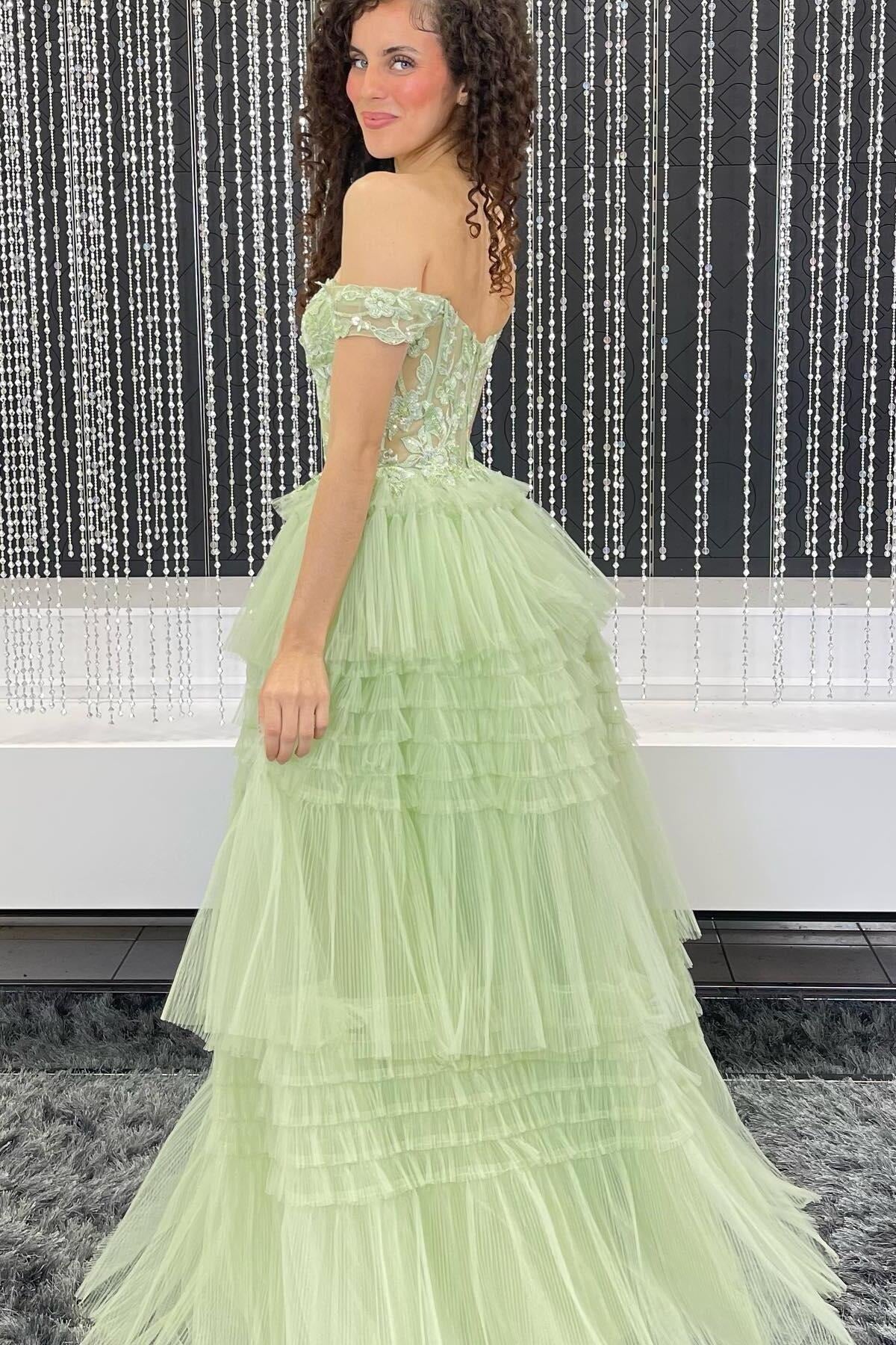 Off the Shoulder Light Blue Tiered Tulle Prom Dresses