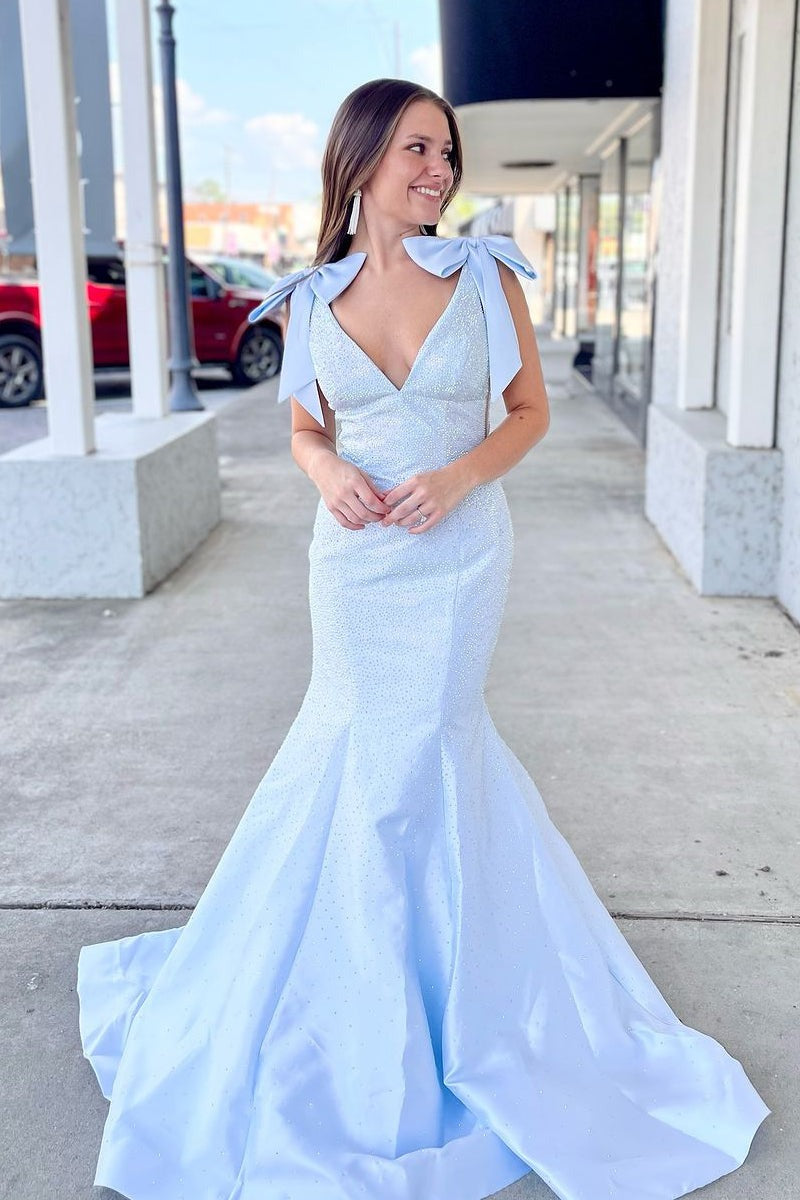 Mermaid V Neck Beading Satin Long Light Blue Prom Dresses luladress Mermaid V Neck Beading Satin Long Light Blue Prom Dresses luladress