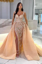 Sparkle Beaded High Split Sweetheart Overskirt Mermaid Sleeveless Prom Dresses