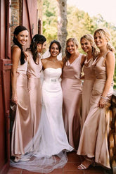 Soft Silk Satin Sleeveless Rose Gold Floor Length Bridesmaid Dresses