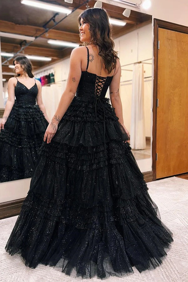 A-Line Spagnetti Straps Tiered Tulle V-Neck Long Prom Dresses