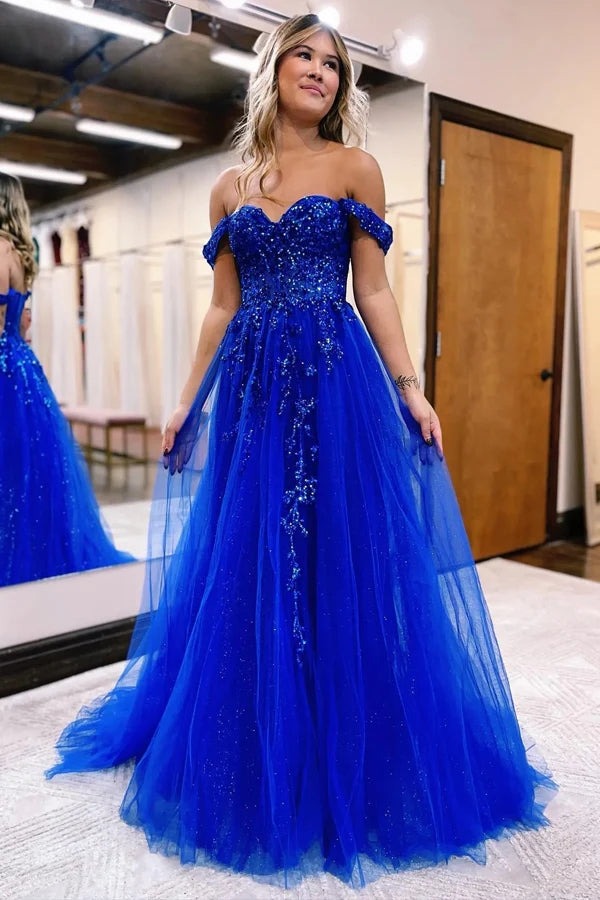 A-Line Off The Shoulder Prom Dresses,Appliques Formal Gown Royal Blue / Custom Size A-Line Off The Shoulder Prom Dresses,Appliques Formal Gown Royal Blue / Custom Size