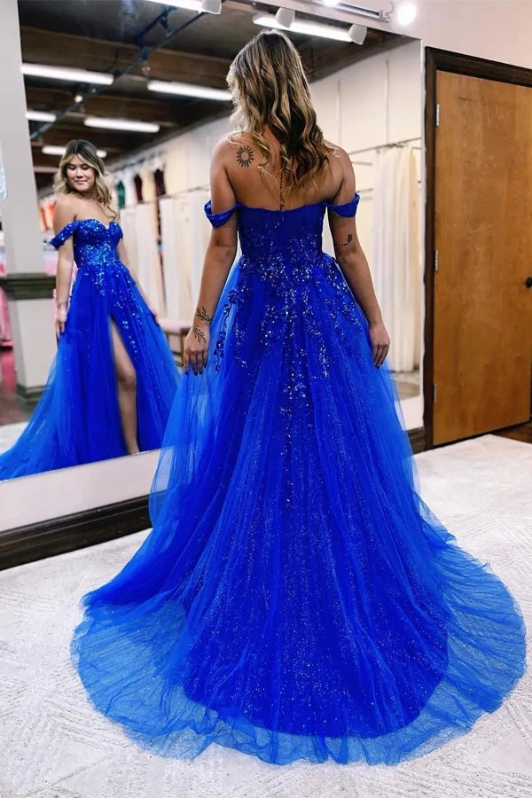 A-line Off The Shoulder Prom Dresses,Appliques Formal Gown