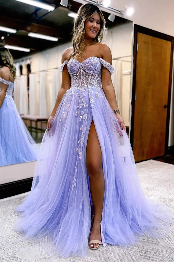 A-line Off The Shoulder Prom Dresses,Appliques Formal Gown