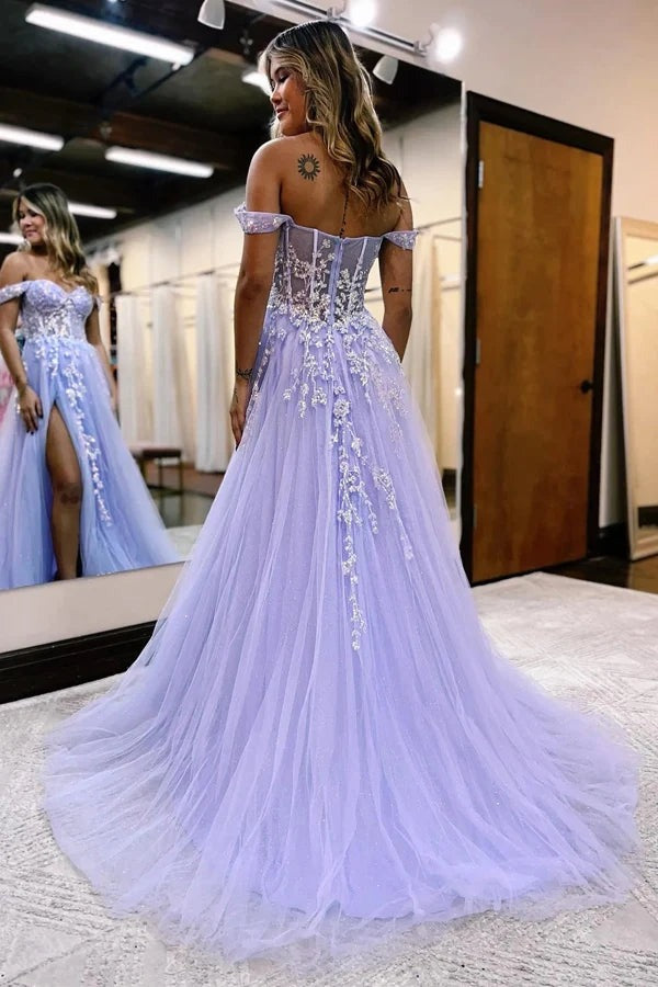 A-line Off The Shoulder Prom Dresses,Appliques Formal Gown