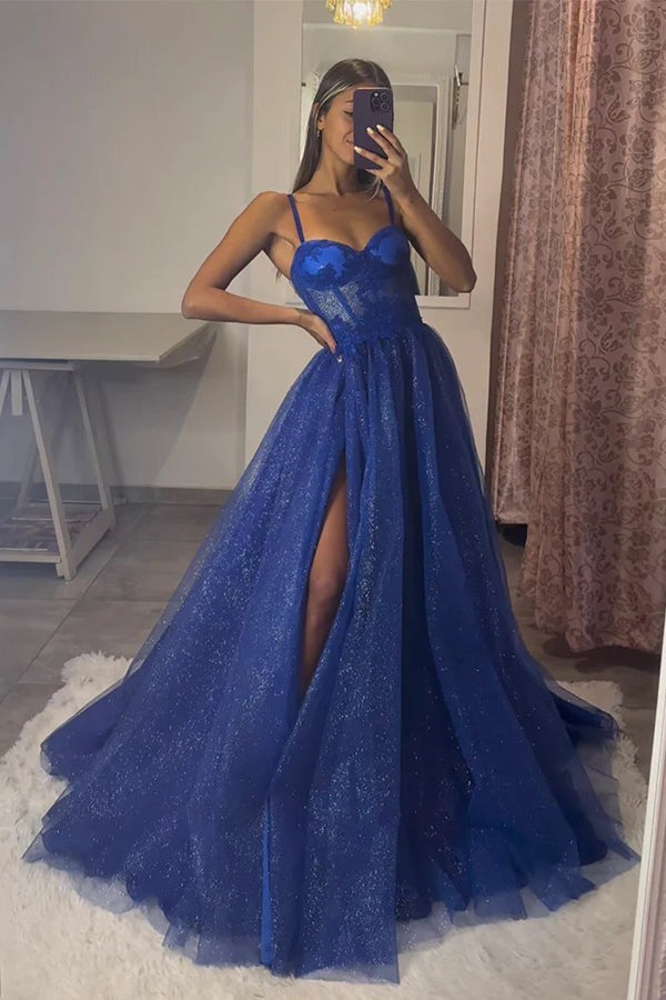 A-Line Sweetheart Neck Royal Blue Tulle Lace Long Prom Dresses Custom Color / US12 A-Line Sweetheart Neck Royal Blue Tulle Lace Long Prom Dresses Custom Color / US12