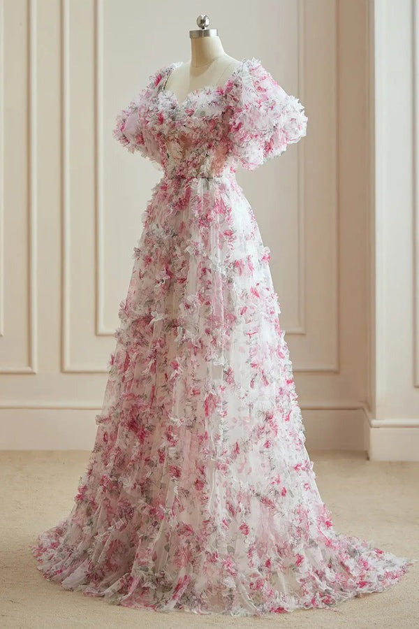 Flower Fairy White Fuchsia Multi-Colors Floral Evening Dresses,prom dr