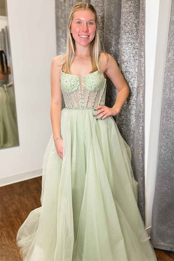 Sage Green Straps Sequin Beaded Tulle A-Line Prom Dresses