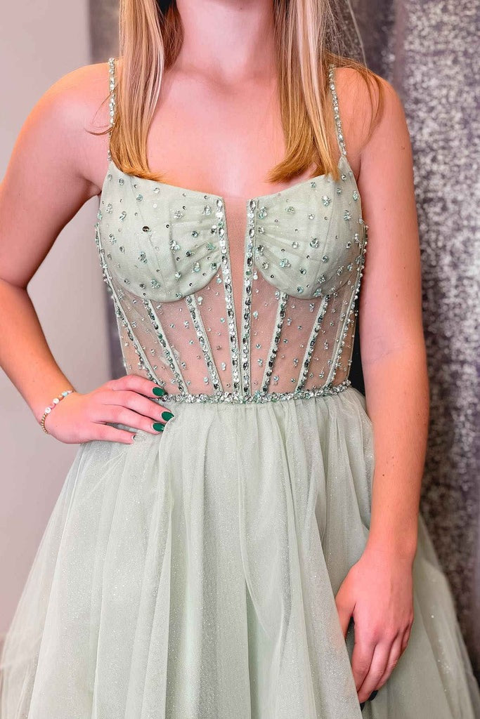Sage Green Straps Sequin Beaded Tulle A-Line Prom Dresses
