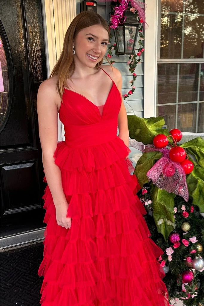 A-line V Neck Red Layers Plunging Long Prom Dresses