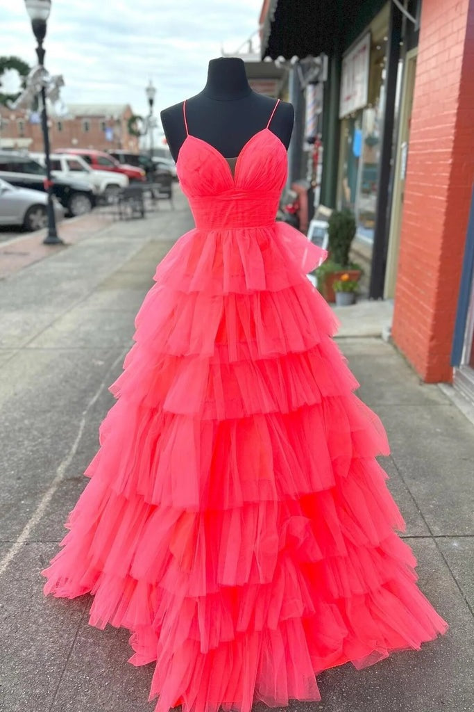 A-line V Neck Red Layers Plunging Long Prom Dresses