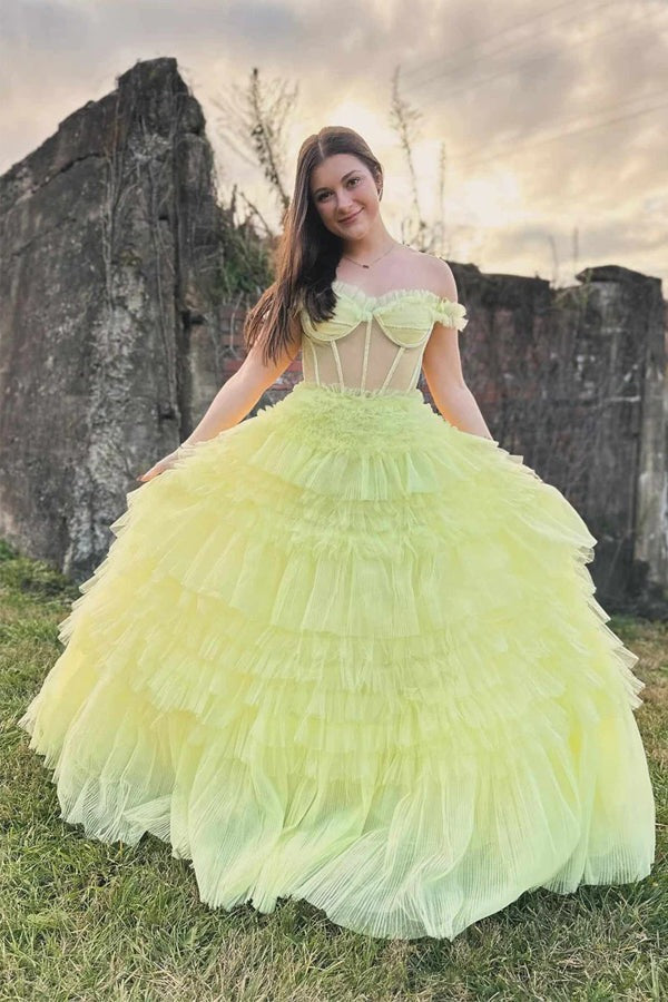 Off the Shoulder Ruffle Layered Light Yellow Prom Dresses