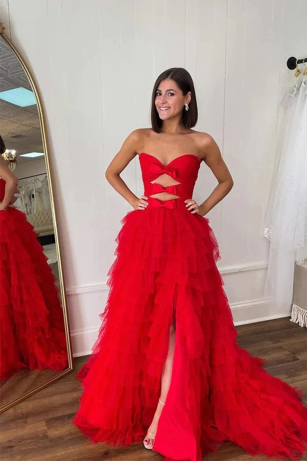 Red Strapless Long A-line Layers Bows Prom Dresses