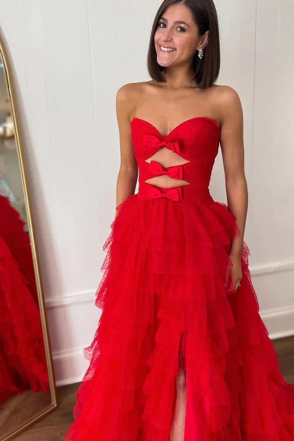 Red Strapless Long A-line Layers Bows Prom Dresses