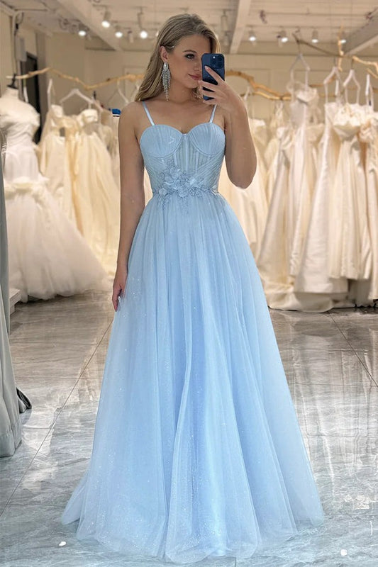 Spaghetti Straps Tulle Blue Sparkly A Line Prom Dresses