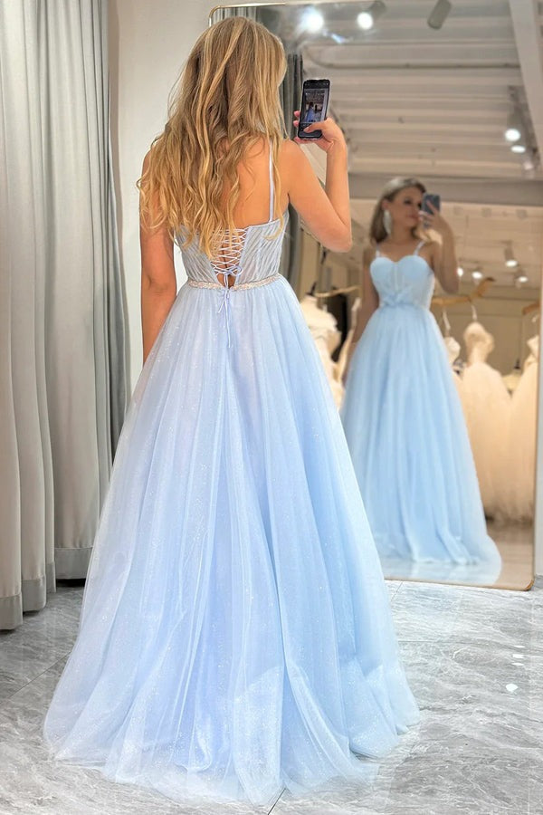 Spaghetti Straps Tulle Blue Sparkly A Line Prom Dresses