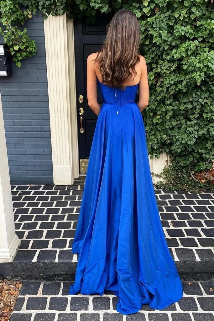 Simple Royal Blue A Line Deep V Neck Long Prom Dresses