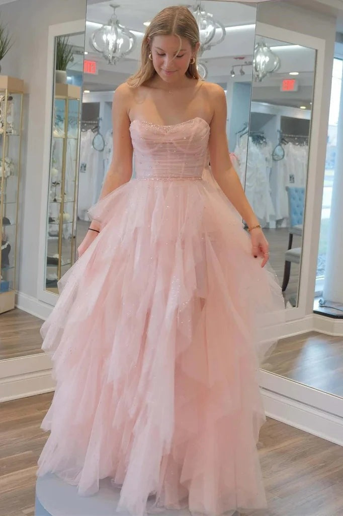 Strapless Light Pink Sequin Beaded Ruffle Tulle Sparkly Prom Dress US6 / Light Pink Strapless Light Pink Sequin Beaded Ruffle Tulle Sparkly Prom Dress US6 / Light Pink