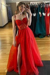 Red Straps Beaded Sparkly A-Line Prom Dresses