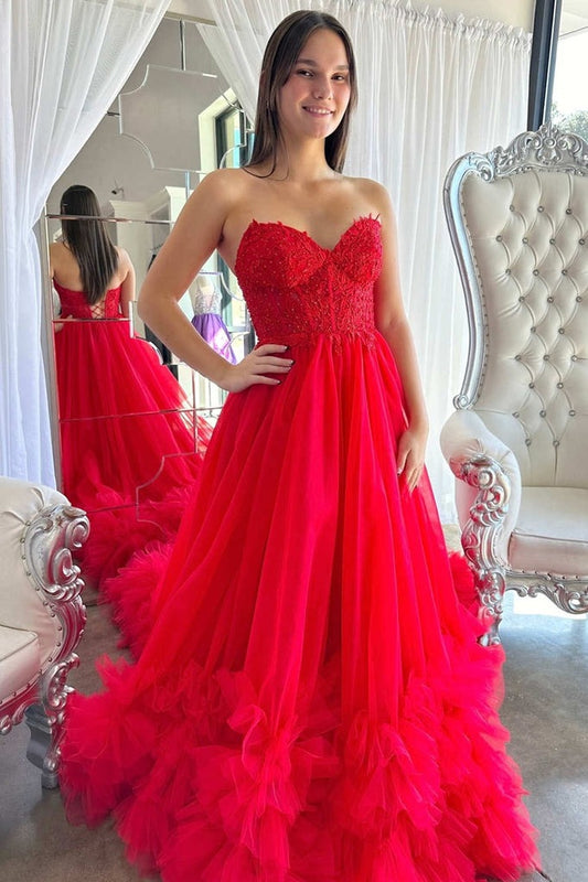 A-Line Red Sweetheart Corset Ruffle Prom Dresses Formal Gown