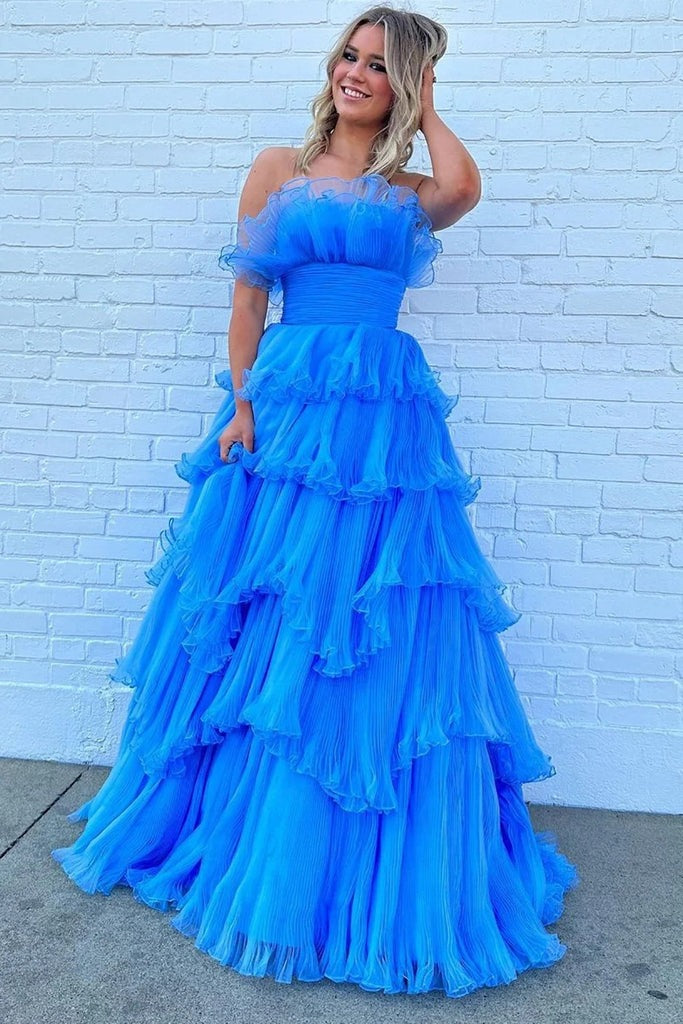 Charming A Line Long Strapless Blue Prom Dresses