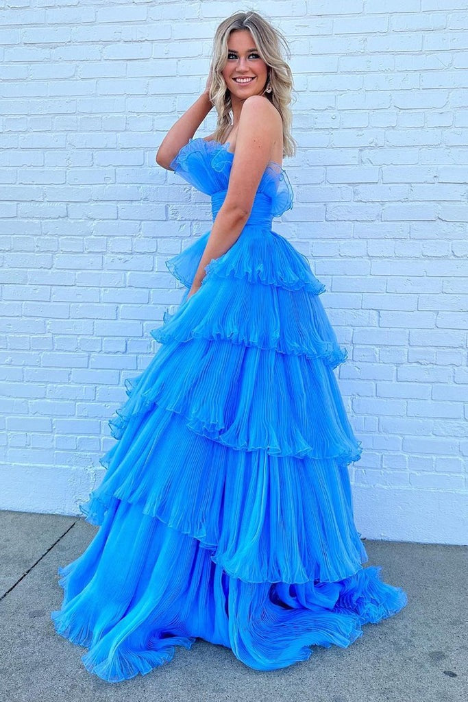Charming A Line Long Strapless Blue Prom Dresses
