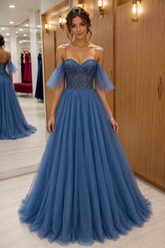 Blue Tulle Beading Spaghetti Straps A Line Prom Dresses