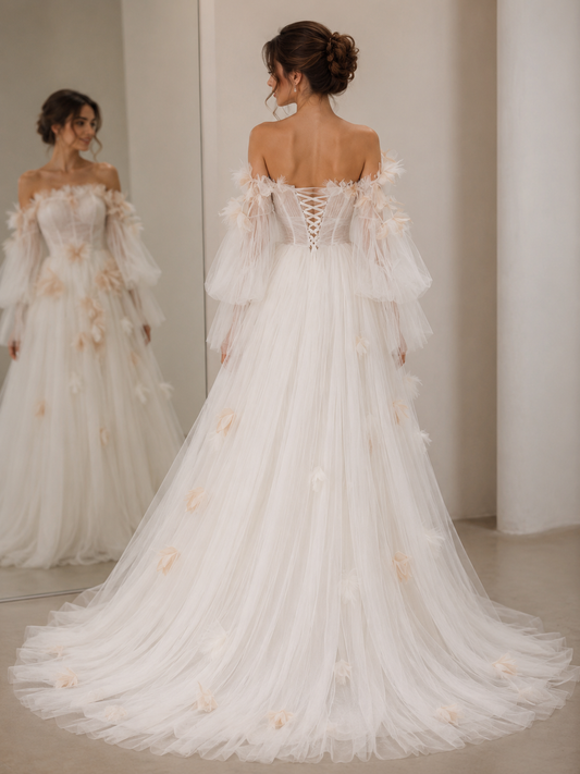 Robes de bal longues en tulle blanc à manches longues, plissées, décolleté épaules dénudées, coupe trapèze
