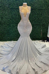 Mermaid Sparkle Silver Satin Beaded Long Prom Dresses