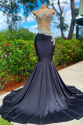 V-neck Appliques Lace Sequined Mermaid Open Back One Shoulder Floor-length Sleeveless Prom Dresses