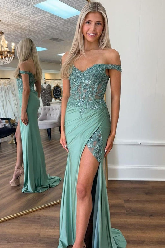 Mermaid Green Satin Off the Shoulder Prom Dresses