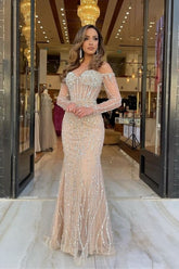 Off the shoulder Champagne Sweetheart Sparkle Beaded Long sleeves Prom Dresses