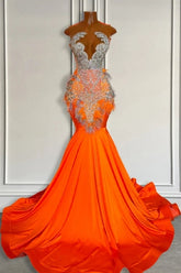 Orange Mermaid Sleeveless Illusion Prom Dresses With Beadings and Feather