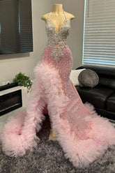 Mermaid Pink Halter Tulle Ruffles High Split Sequin Prom Dresses