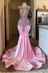 Pink Mermaid Beaded Floor Length Long Satin Prom Dresses