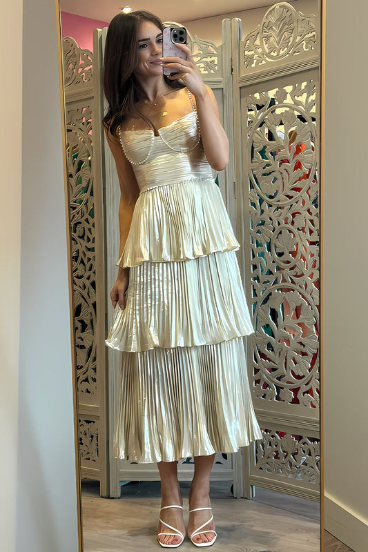 Sparkly A Line Sweetheart Champagne Prom Dresses,Tea Length Party Dress