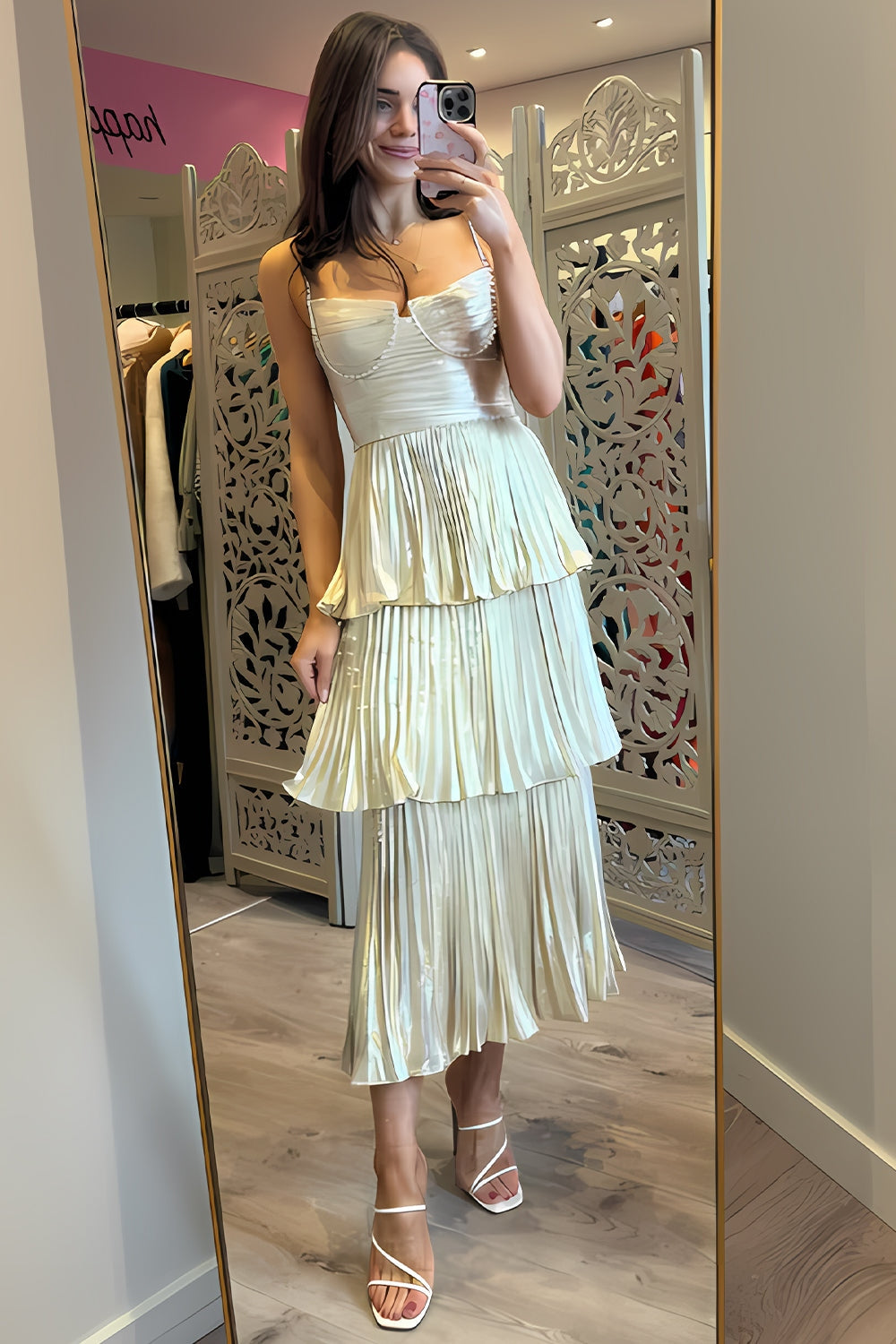 Sparkly A Line Sweetheart Champagne Prom Dresses,Tea Length Party Dress