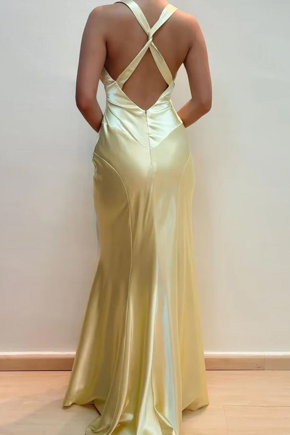 Simple Sheath V Neck Yellow Satin Mermaid Long Prom Dresses