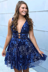 Dark Navy A-line Tulle Lace Open Back V-Neck Homecoming Dresses