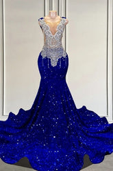 Mermaid Royal Blue Sleeveless Prom Desses with Beadings and Sequins