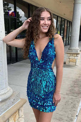 Mermaid Sequin V-Neck Tight Short Homecoming Dresses with Open Back